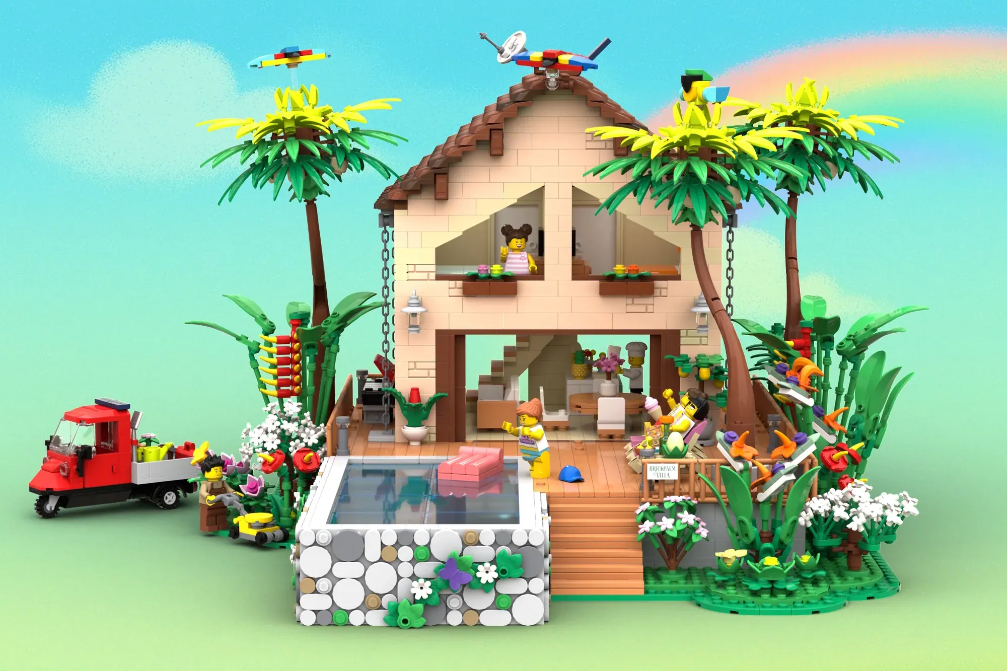 LEGO Caribbean Holiday set with beach house, pool, palm trees, solar van, and minifigures in tropical setting.
