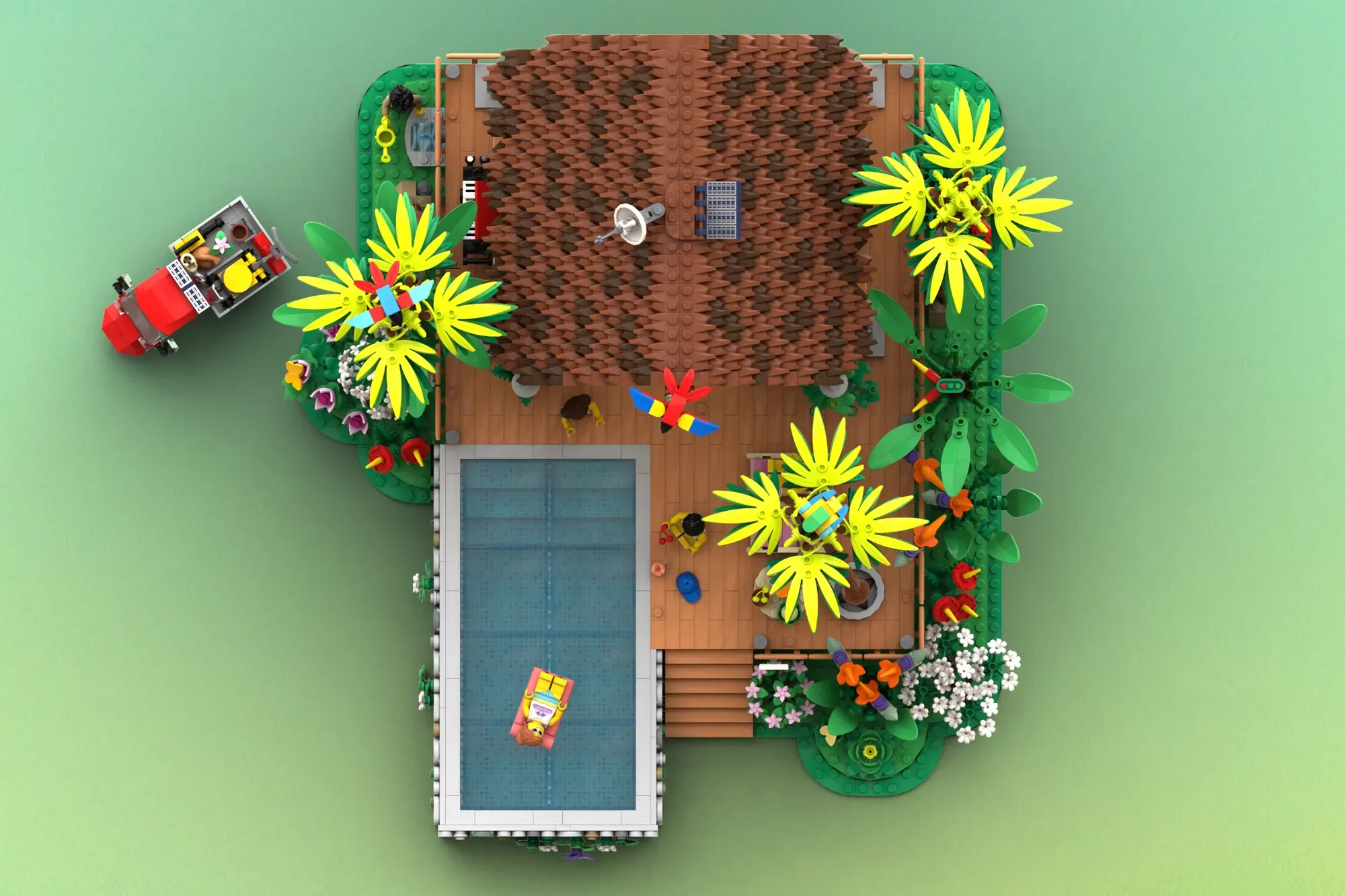 LEGO Caribbean holiday set with brick house, pool, solar van, minifigures, and yellow flowers on green base.