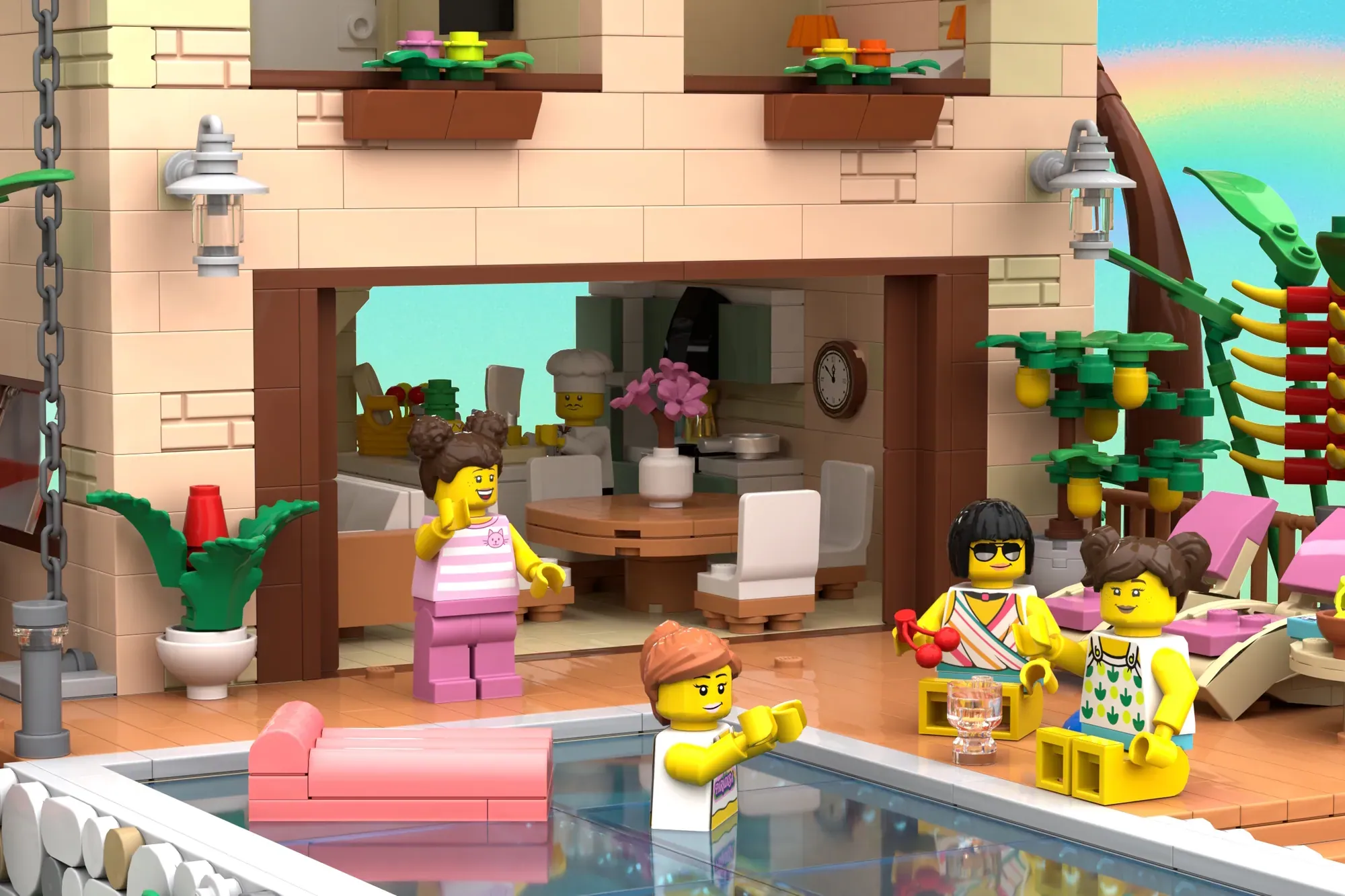 LEGO Caribbean Holiday set with minifigures relaxing by a pool, featuring a villa with open-air kitchen and tropical garden.