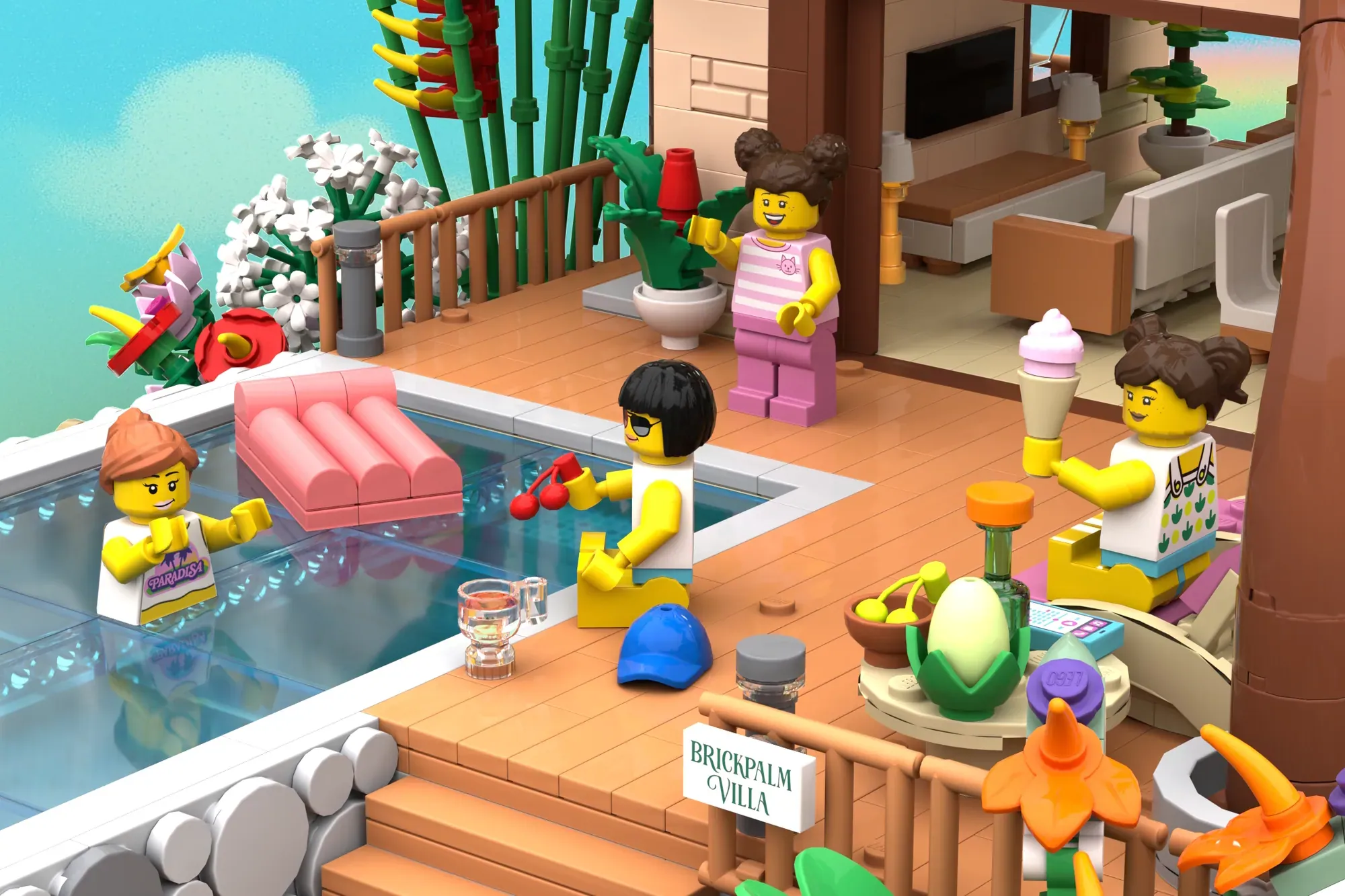 LEGO Caribbean villa set with minifigures, swimming pool, pink lounger, potted plants, and "Brickpalm Villa" sign.