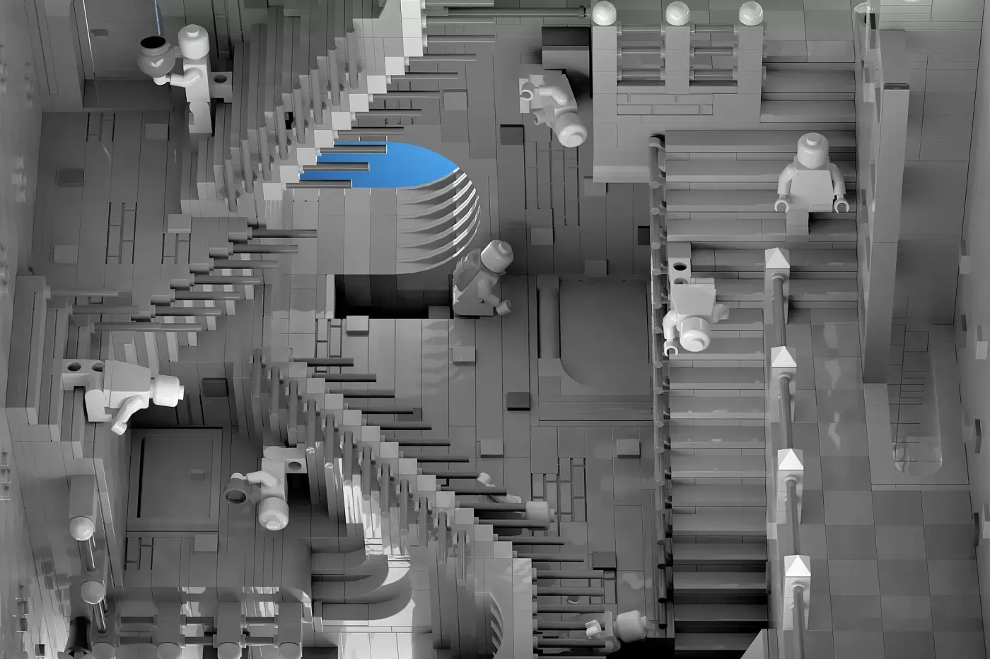 LEGO Escher staircase MOC with 4,300 pieces featuring impossible architecture and minifigures on cascading steps.