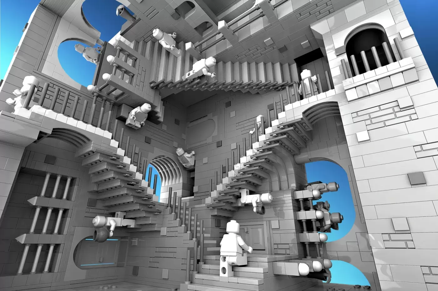 LEGO Escher staircase MOC with white minifigure navigating impossible architecture and gray stone structure.