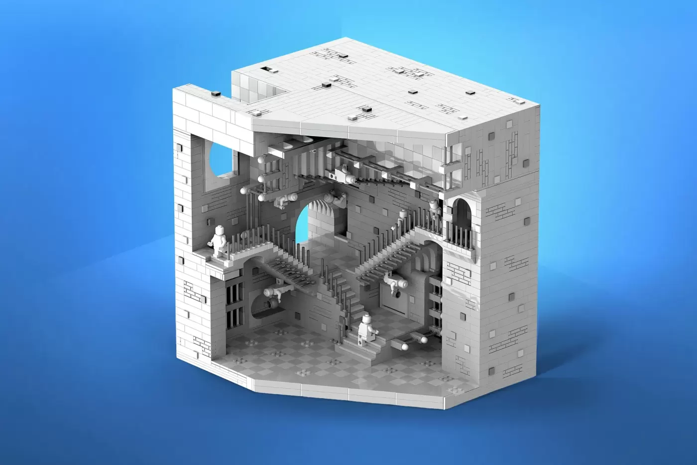 Detailed LEGO cutaway model featuring impossible architecture with staircases, minifigures, and intricate interior details…