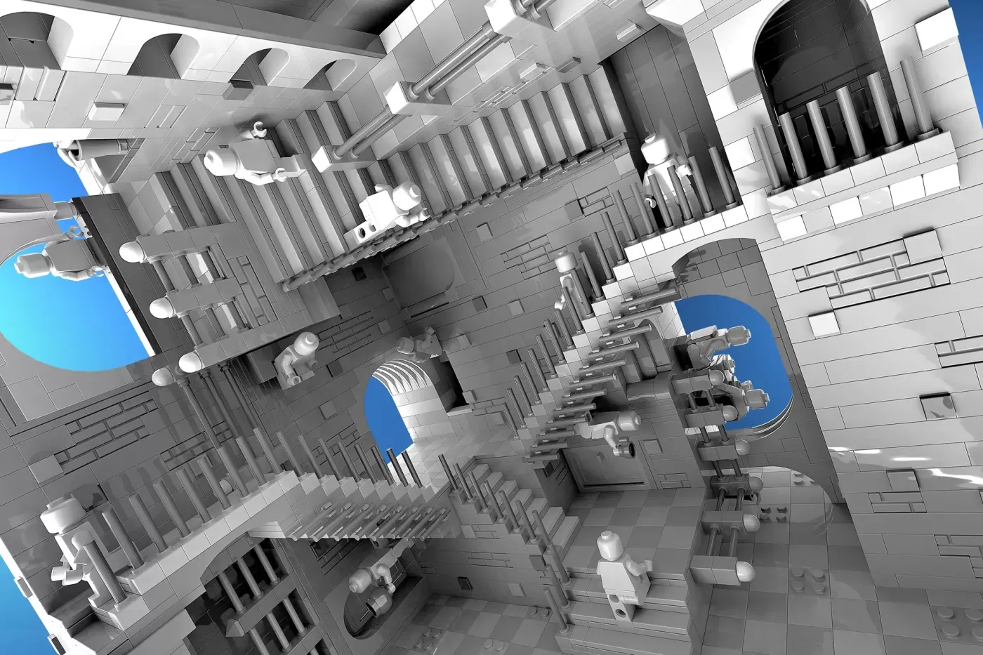 LEGO Escher staircase MOC with 4,300 pieces featuring impossible architecture and minifigures on blue sky backgrounds.