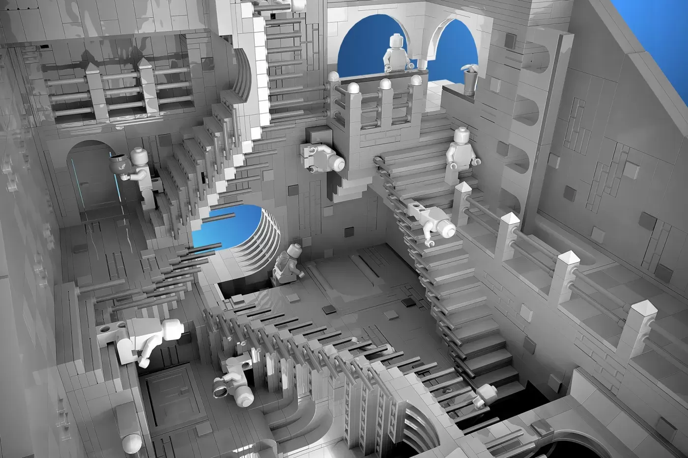 LEGO Escher staircase MOC with 4,300 pieces featuring impossible architecture, minifigures, and blue sky elements.