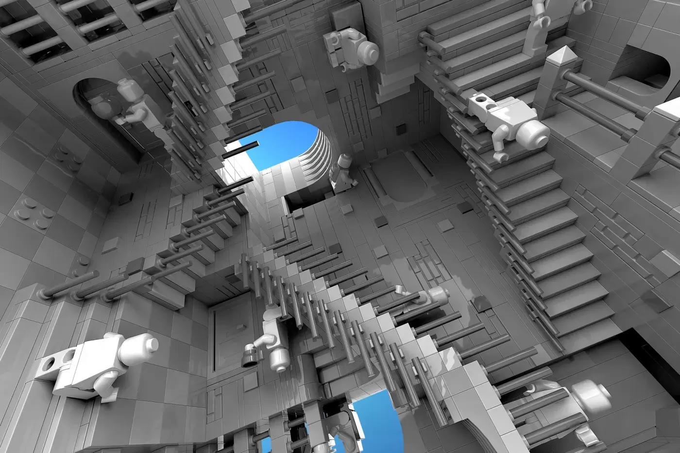 LEGO Escher staircase MOC with 4,300 pieces featuring impossible architecture and blue accent pieces.