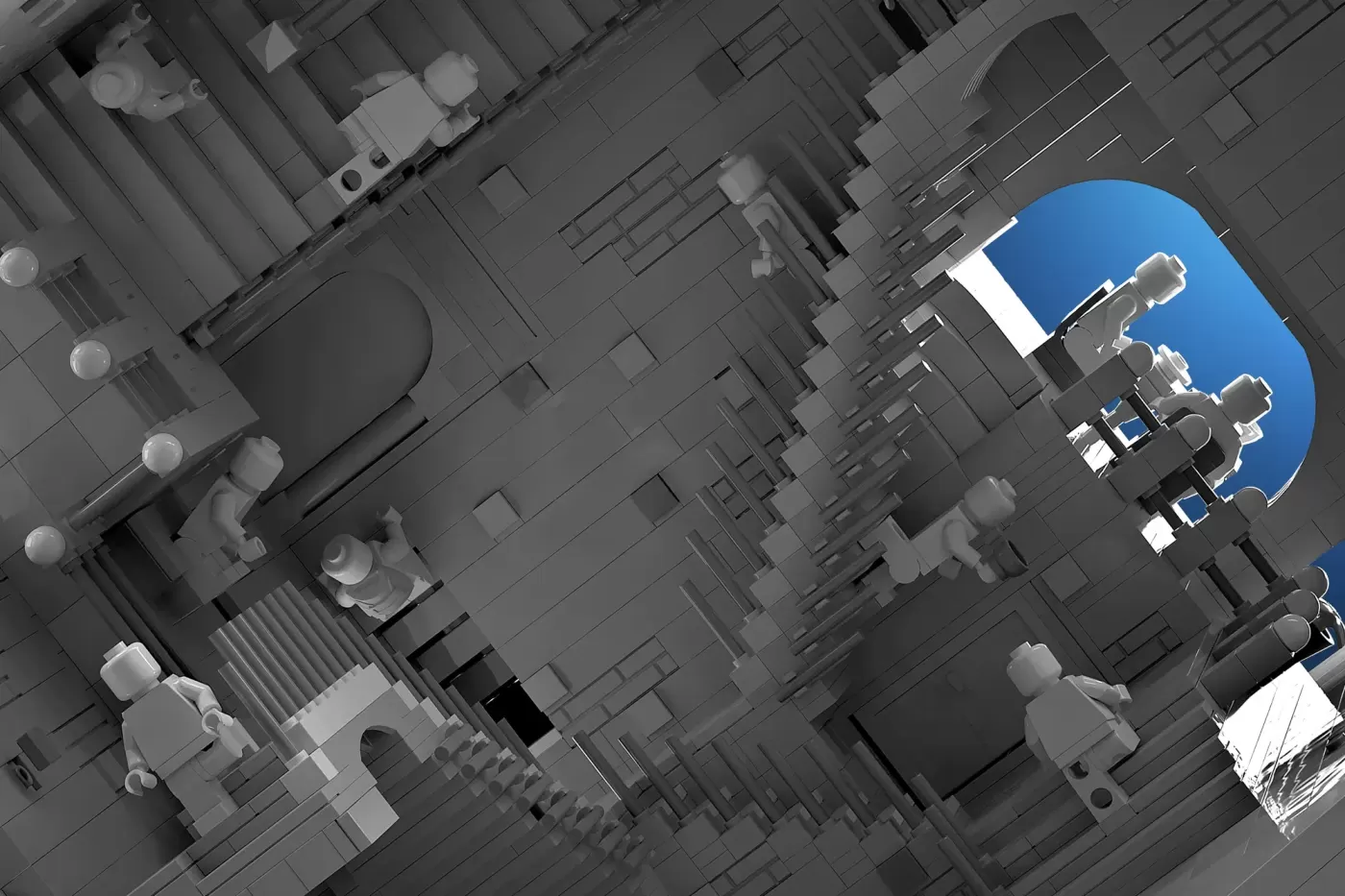 LEGO minifigures navigating an Escher-inspired impossible staircase structure with blue sky backdrop.