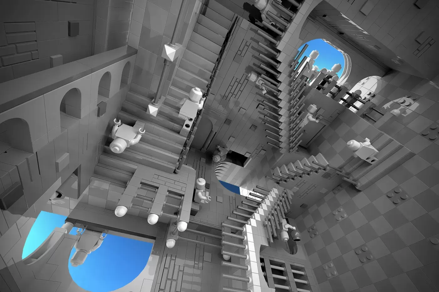 LEGO Escher staircase MOC with 4,300 pieces featuring impossible architecture and minifigures navigating gravity-defying s…