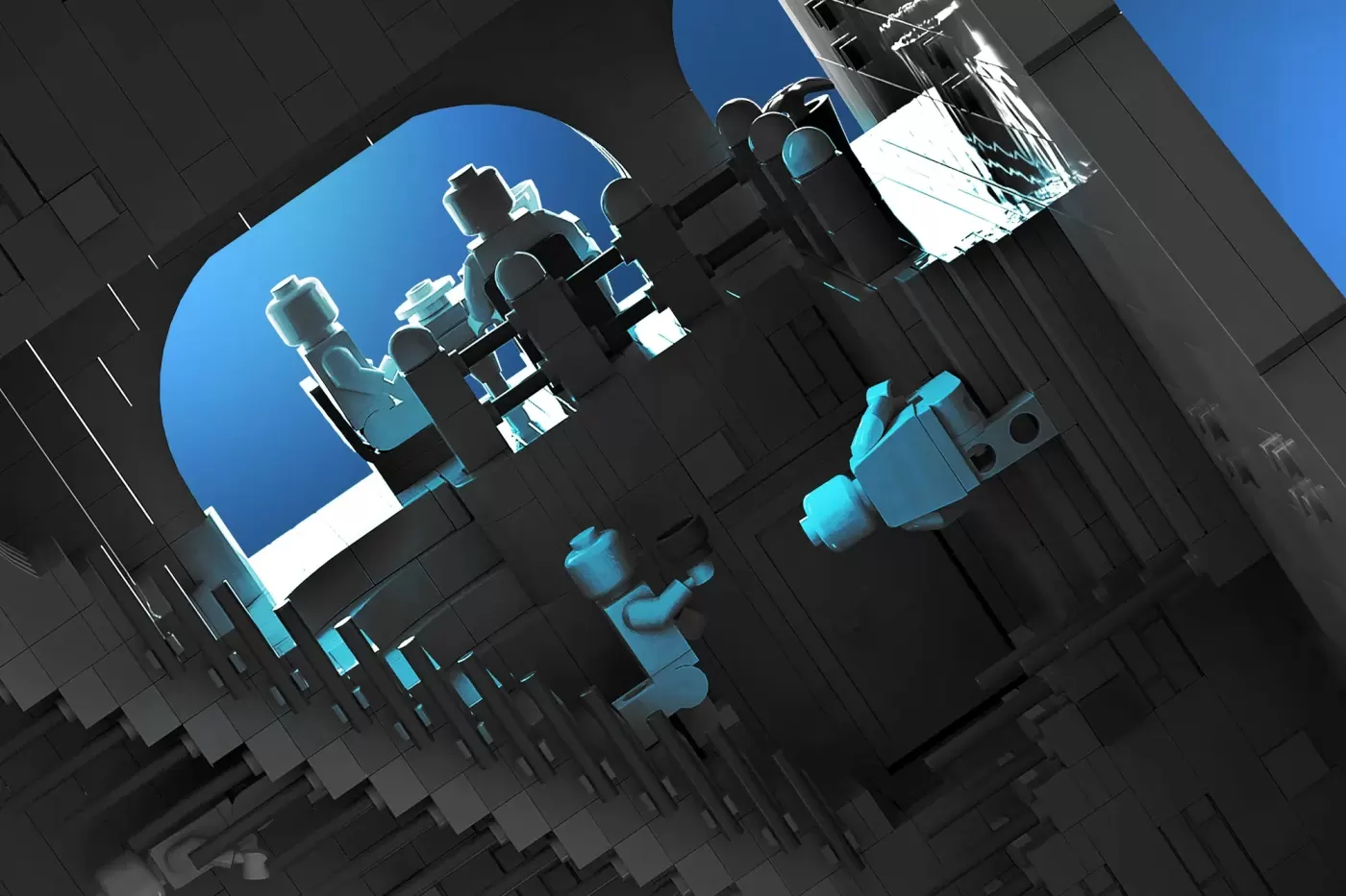 LEGO minifigures climbing an Escher-inspired staircase with blue and black modular pieces against a bright sky opening.