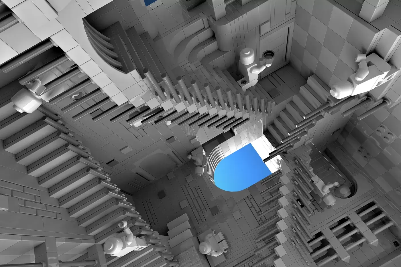 LEGO Escher staircase MOC with 4,300 pieces featuring impossible architecture and blue sky opening overhead view.