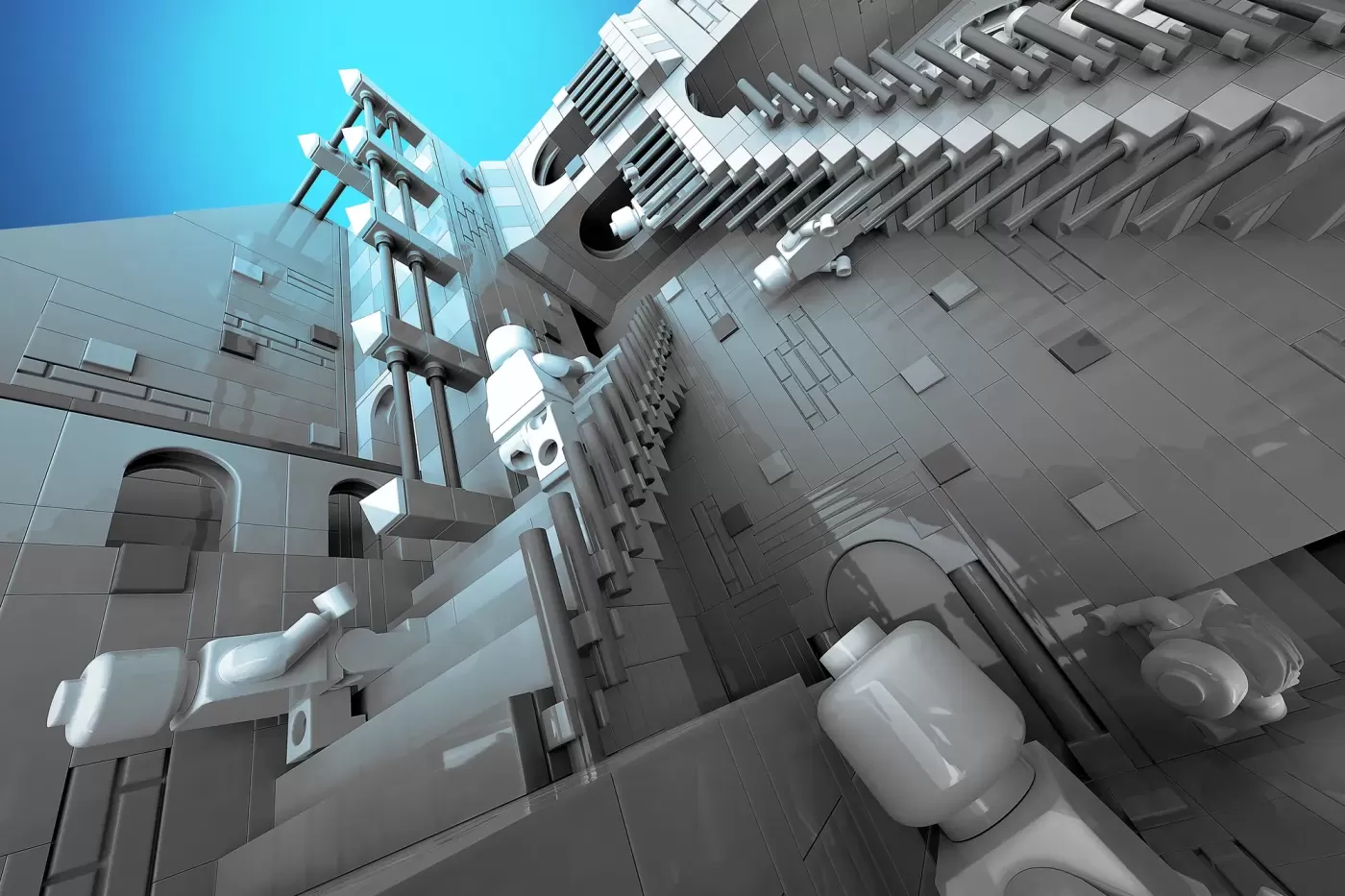 LEGO architectural MOC featuring an Escher-inspired impossible staircase with multiple levels, white pipes, and geometric …
