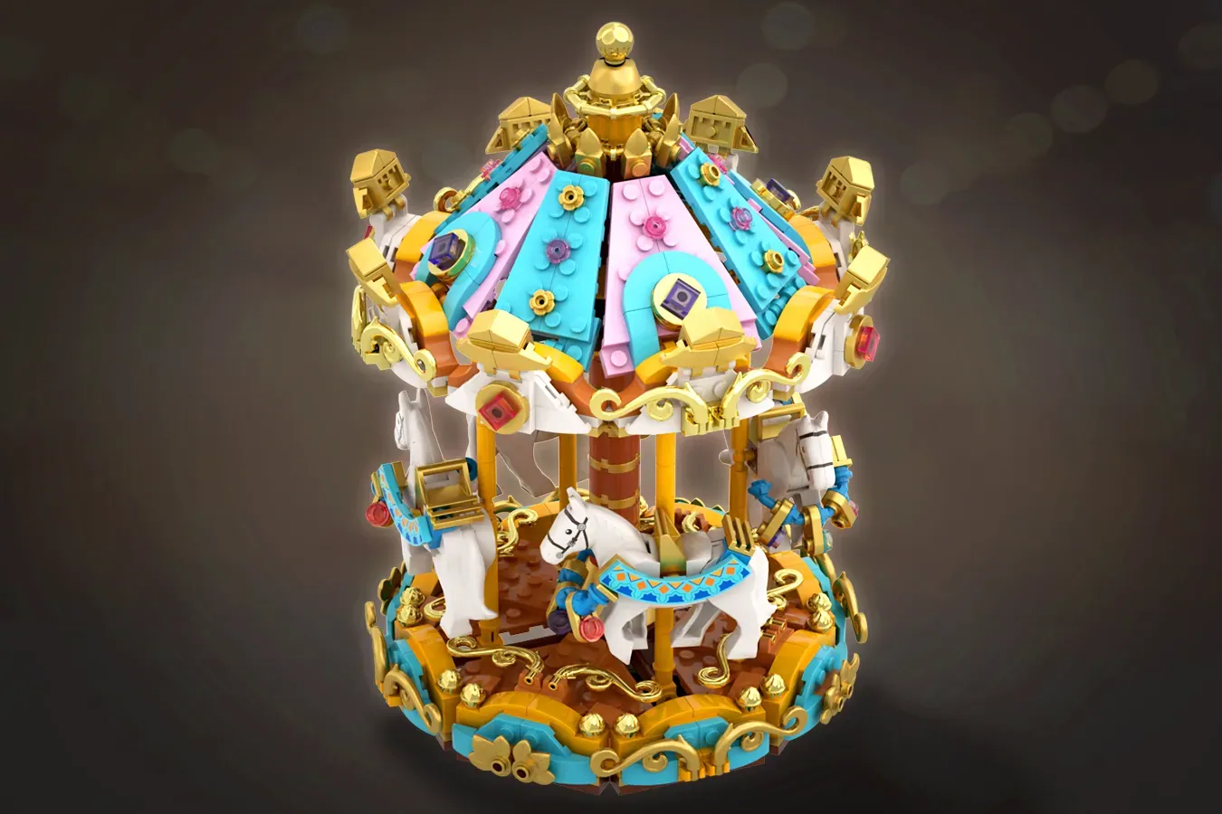 LEGO carousel music box with rotating colorful canopy, white horses, golden ornaments, and decorative details.