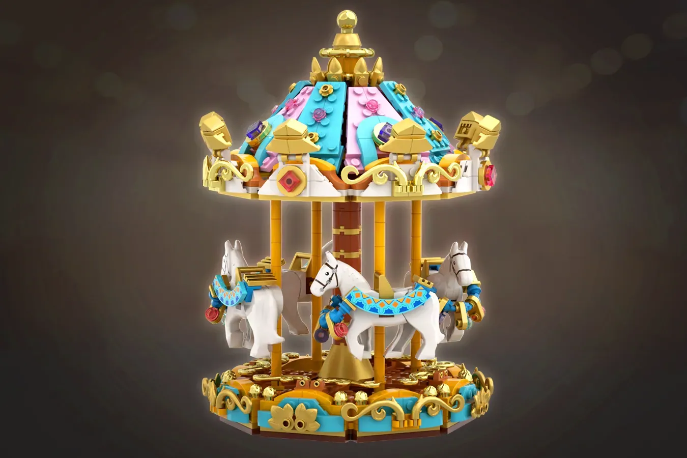LEGO carousel music box with white horses, golden canopy, colorful decorative panels, and ornate base details.