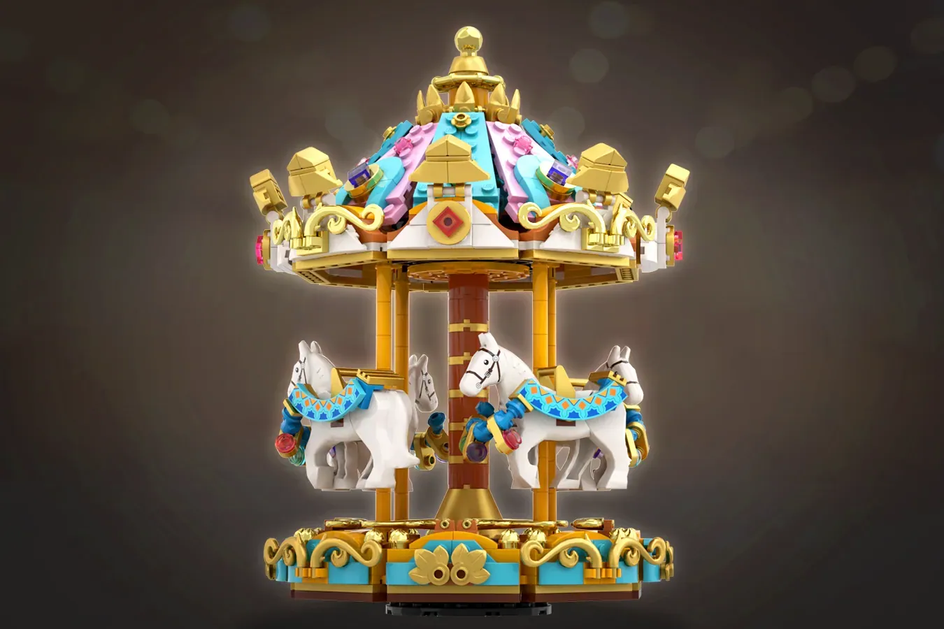 LEGO carousel music box with rotating white horses, gold dome roof, and colorful decorative details.