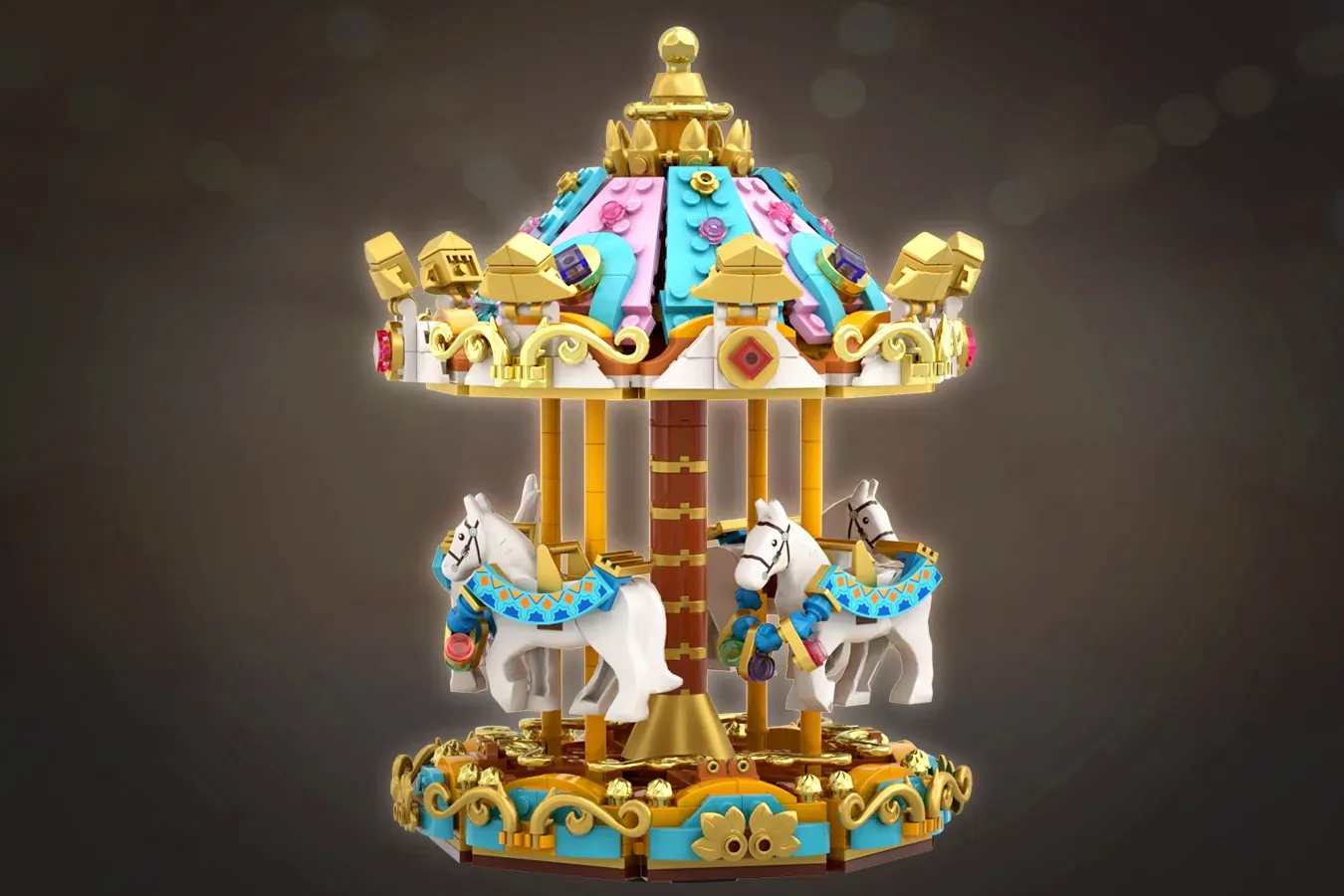 LEGO carousel music box with rotating horses, ornate gold dome, colorful decorative panels, and detailed base.