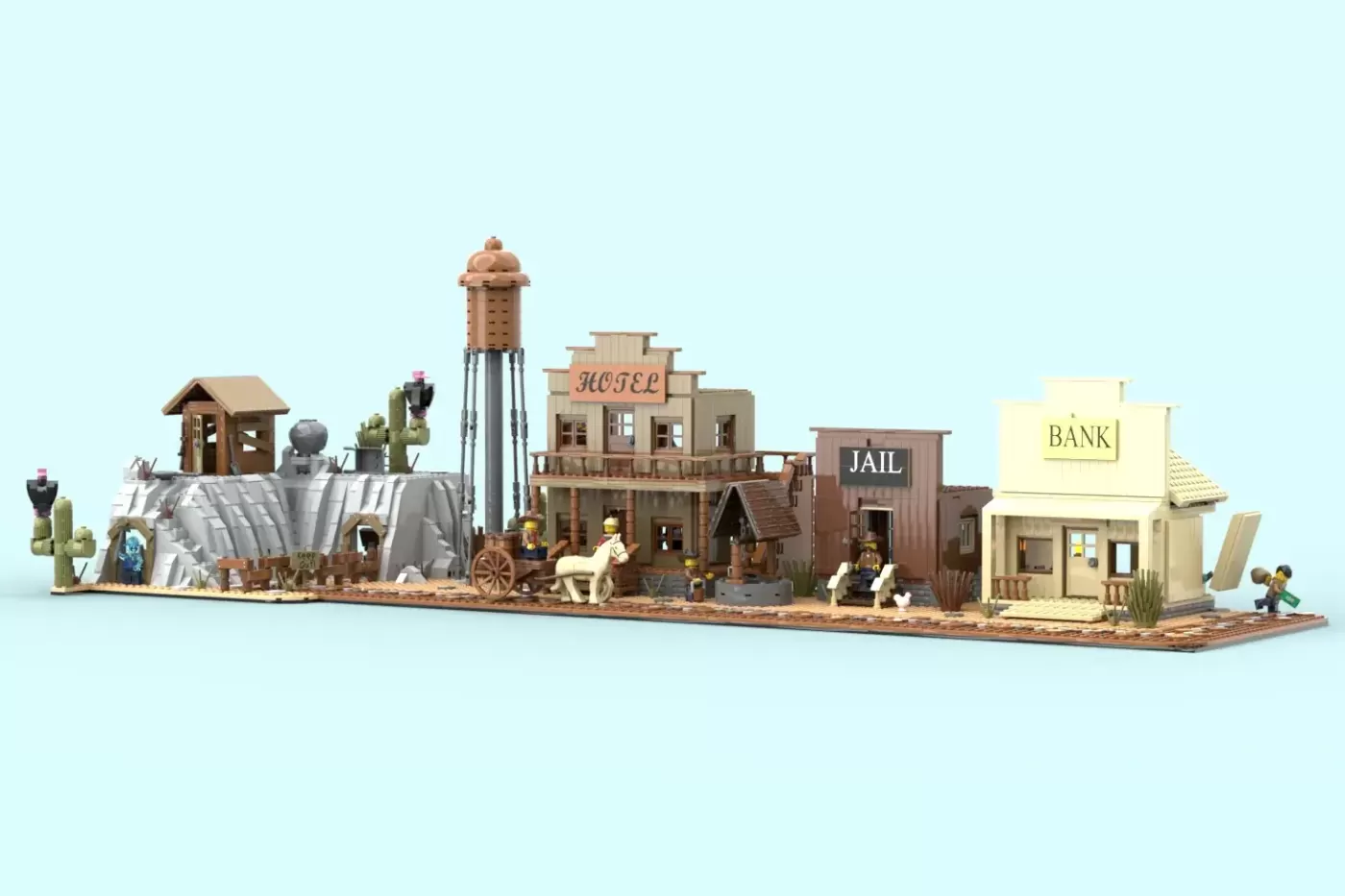 LEGO Western town set with hotel, jail, bank, water tower, and minifigures on sandy base.