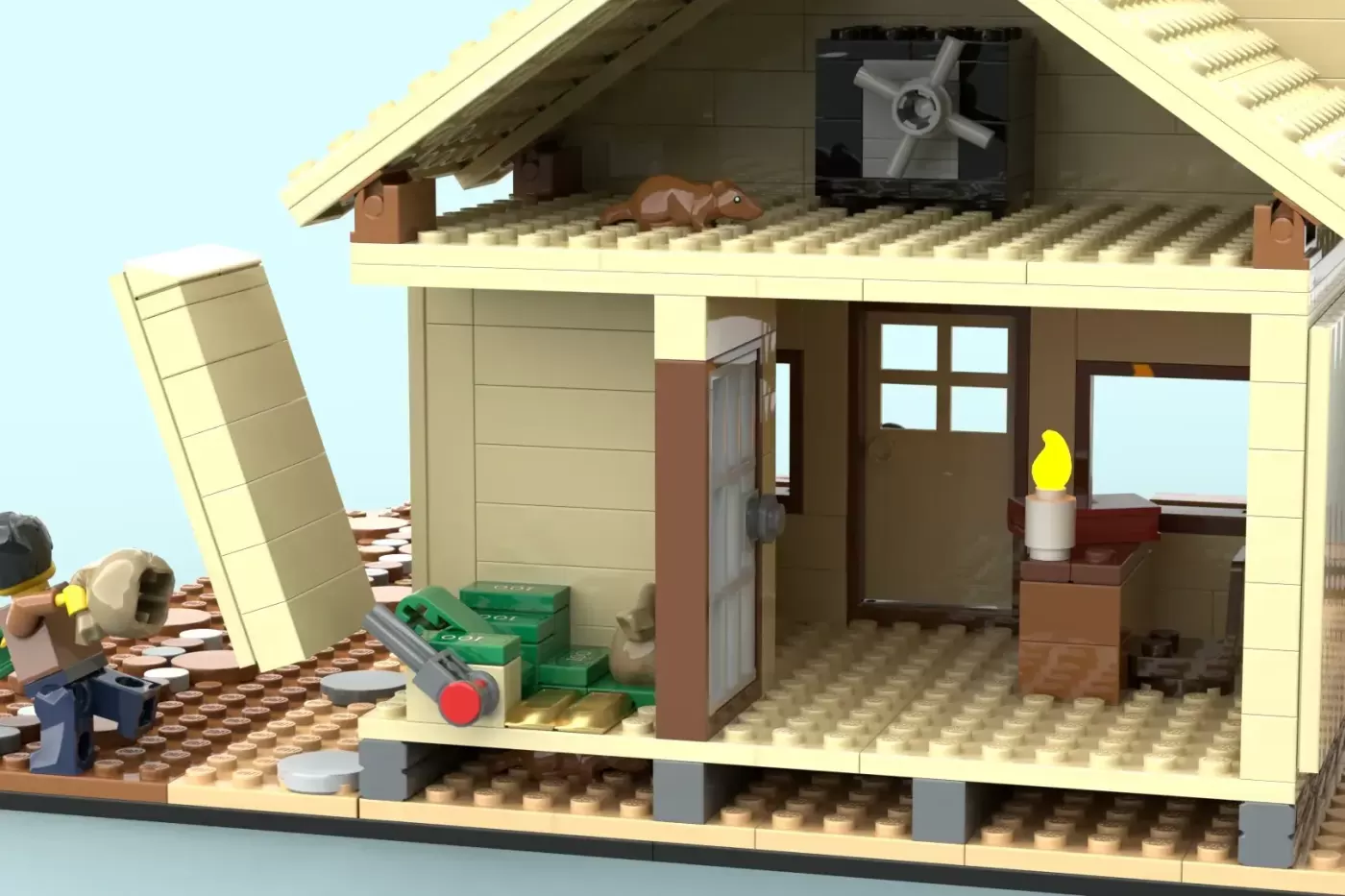 LEGO Western house with damaged roof, minifigure outside, green toolbox, and interior details visible through cutaway walls.