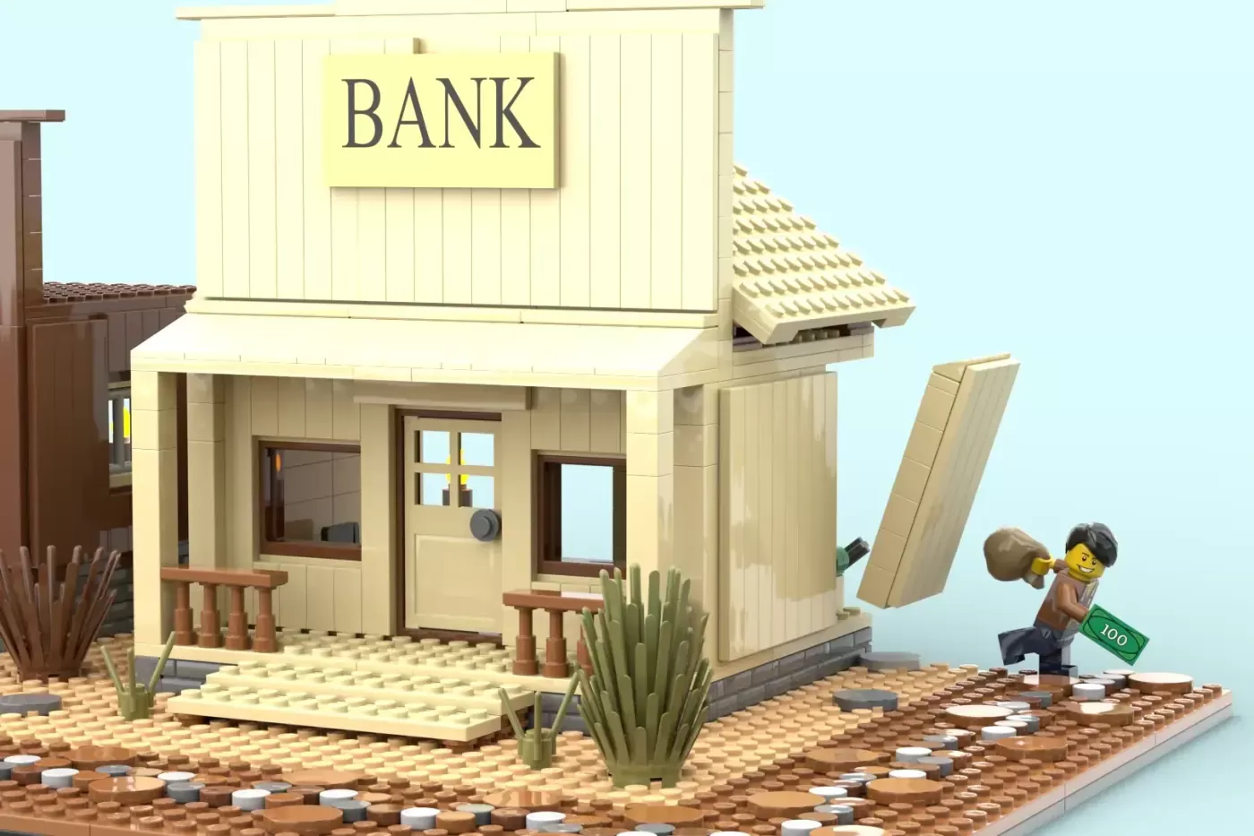 LEGO Western bank building with cream walls, brown robber minifigure carrying money bag and gun outside.