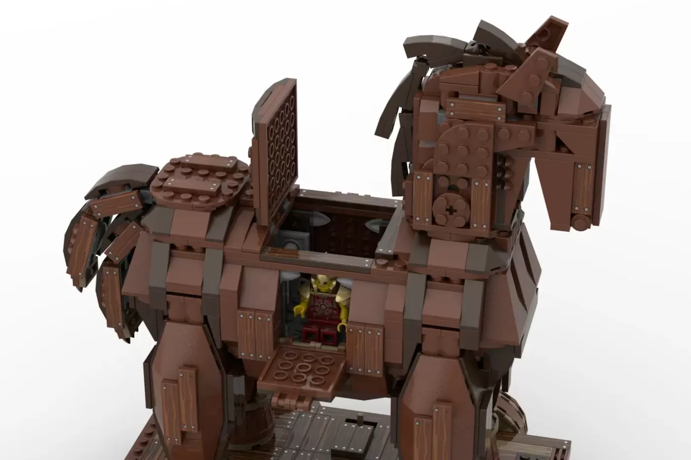 LEGO Trojan Horse with opening doors, wooden plank detailing, and minifigure visible inside the belly.