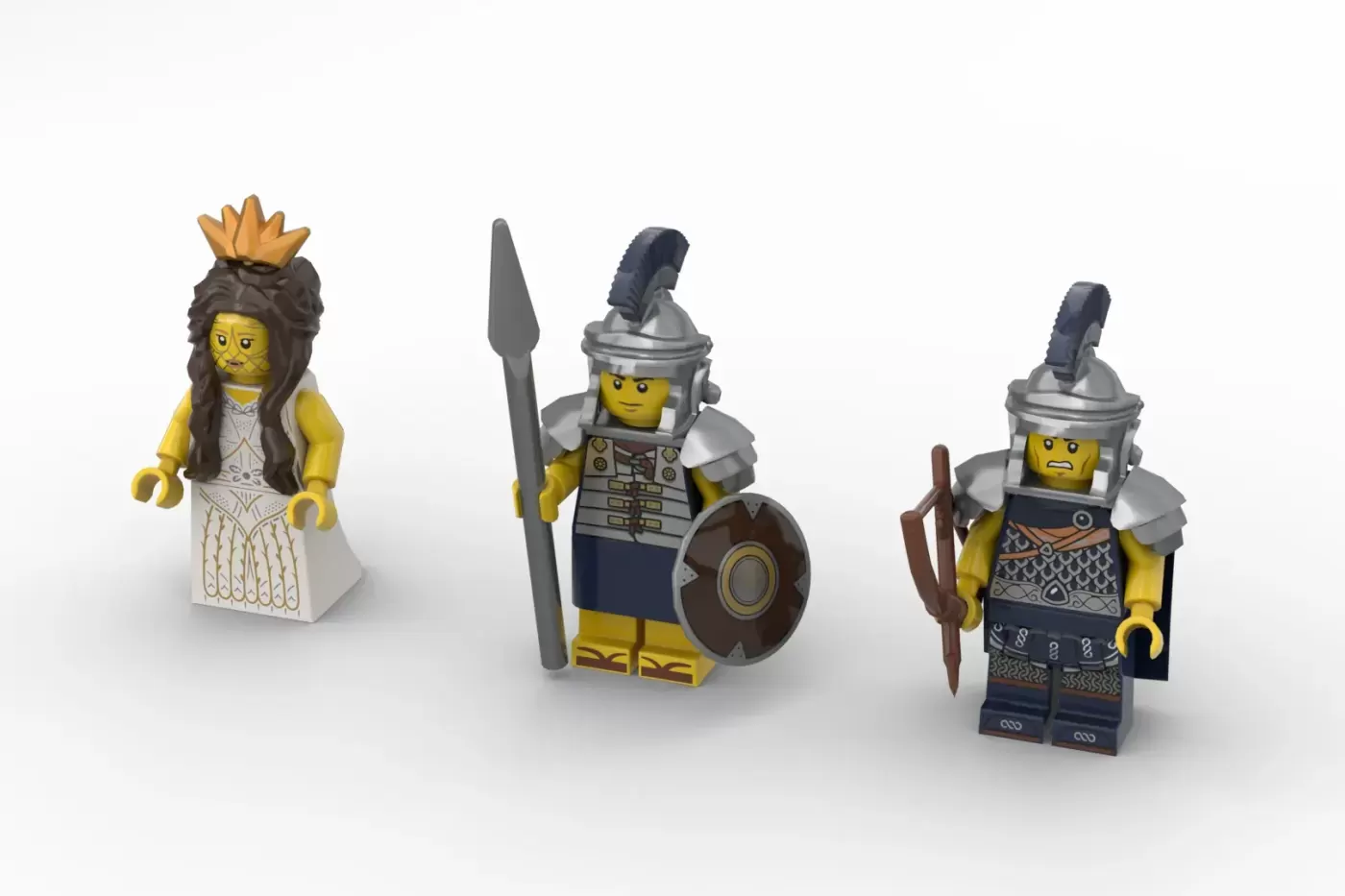 Three LEGO minifigures representing Greek soldiers and a queen with detailed armor, weapons, and classical dress.