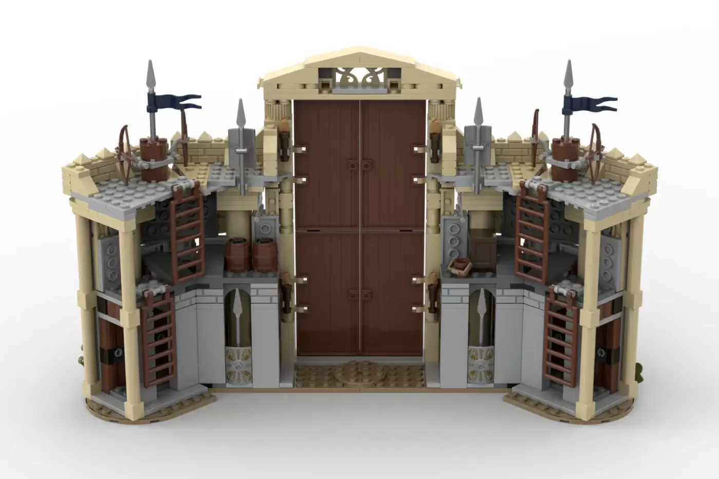 LEGO Greek fortress set with tan towers, brown doors, spears, and detailed ramparts.