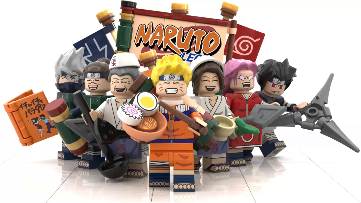 LEGO Naruto minifigures with ninja-themed props and the Naruto logo display sign in background.