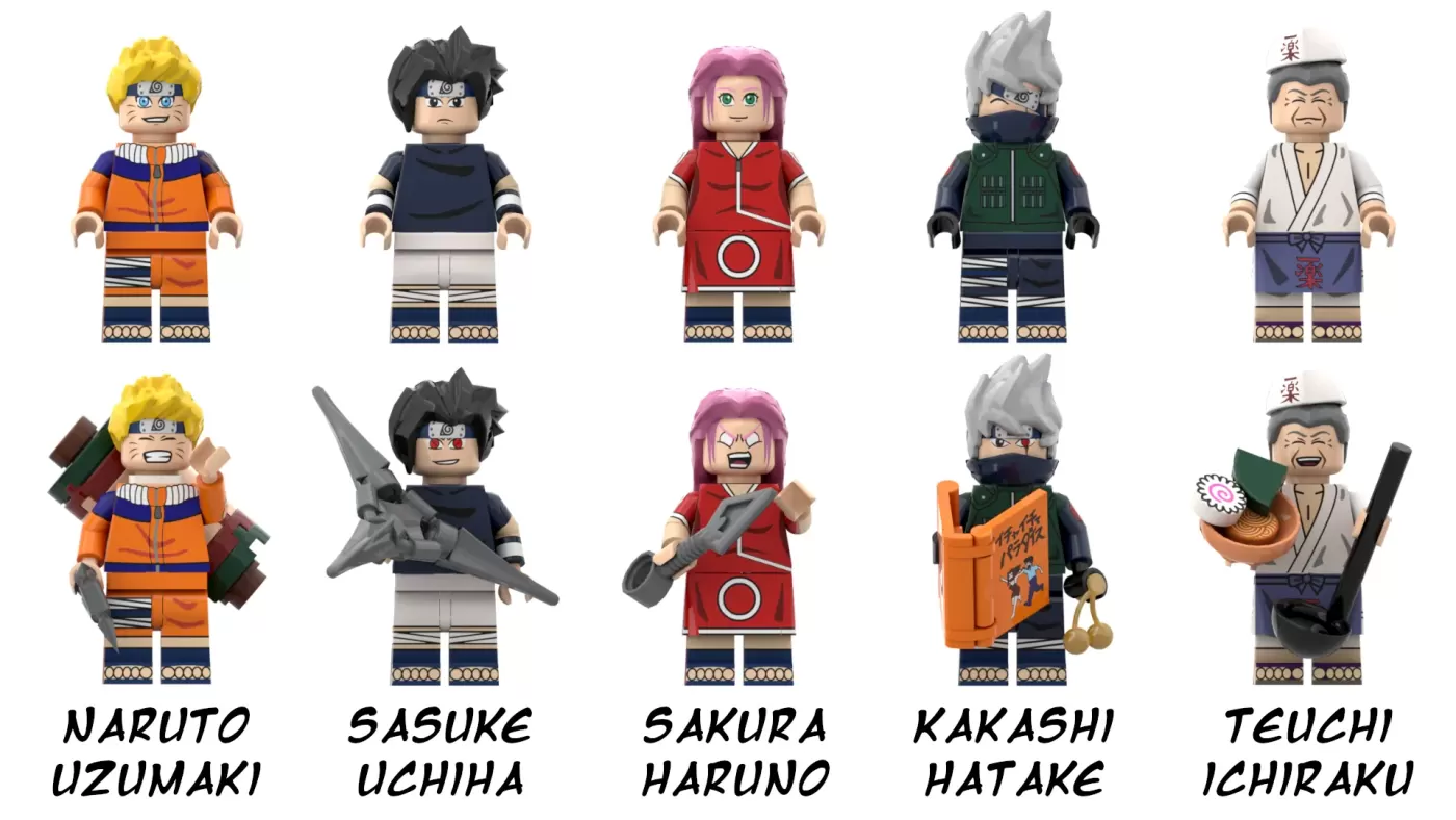 LEGO Naruto minifigures: Naruto, Sasuke, Sakura, Kakashi, and Teuchi in standard and action poses.