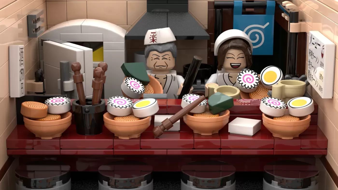 LEGO Ichiraku Ramen Shop set with two minifigures behind counter, bowls, noodles, and kitchen details.