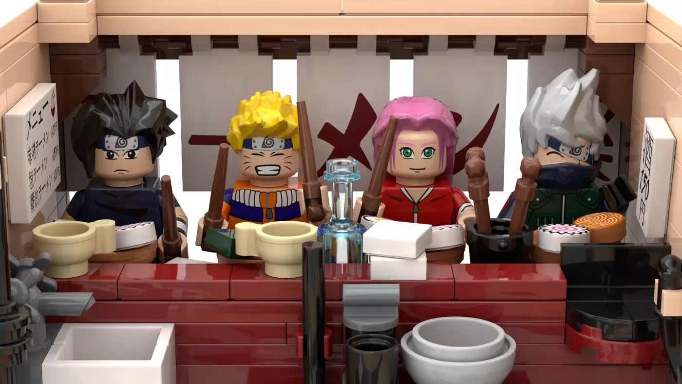 LEGO Ichiraku Ramen Shop set with four Naruto minifigures seated at counter with bowls and water pitcher.