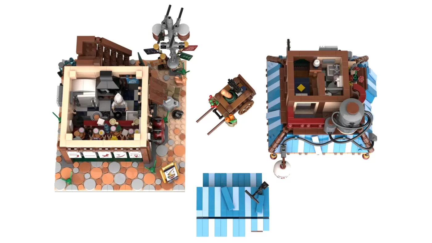 LEGO Ichiraku Ramen Shop MOC with detailed interior, exterior storefront, and minifigures shown from multiple angles.