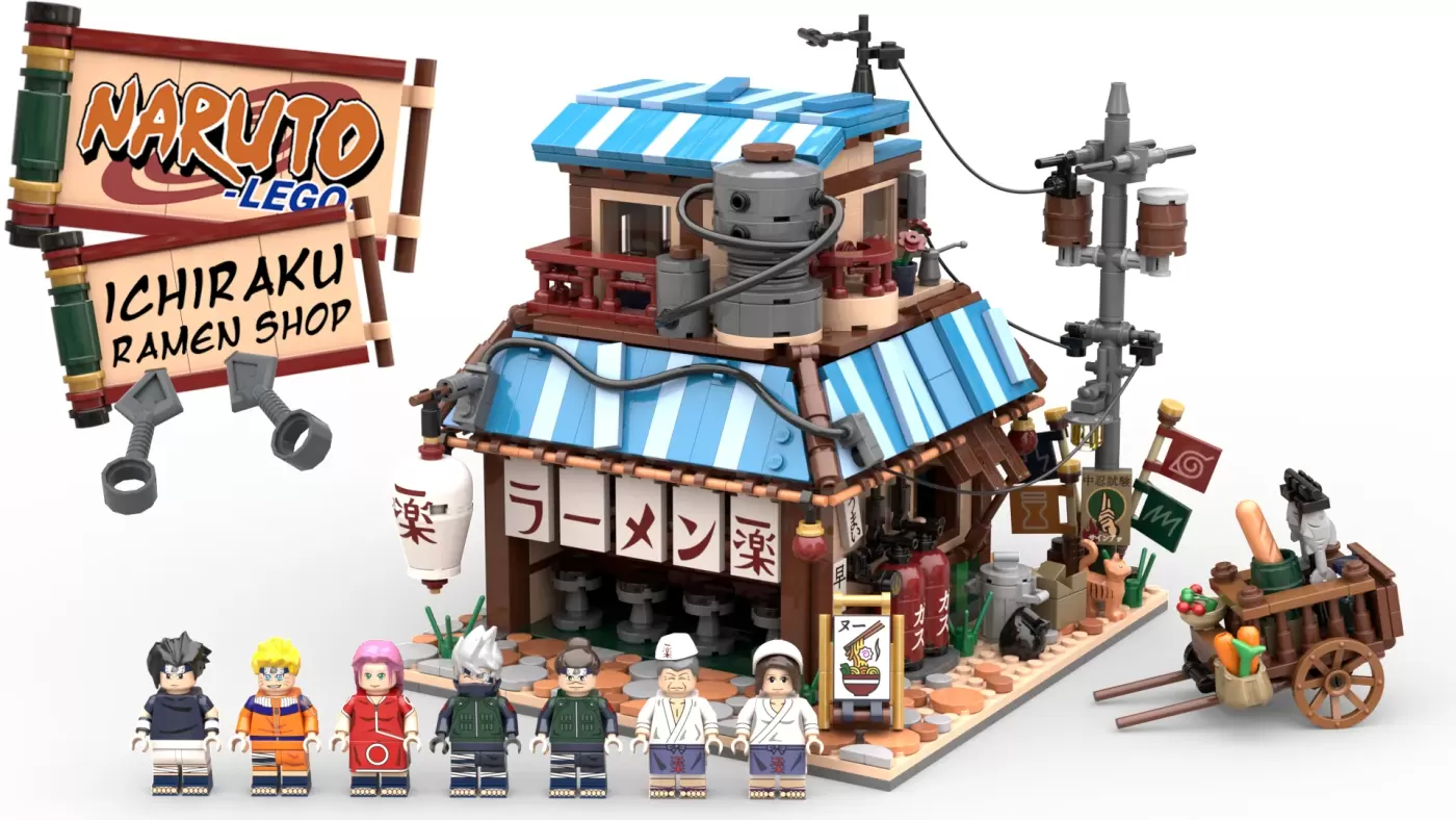 LEGO Naruto Ichiraku Ramen Shop set with minifigures and detailed Japanese-style building featuring blue striped awning.