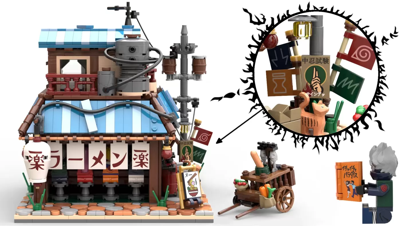 LEGO Ichiraku Ramen Shop from Naruto with minifigure, cart, and detailed storefront featuring Japanese signage.