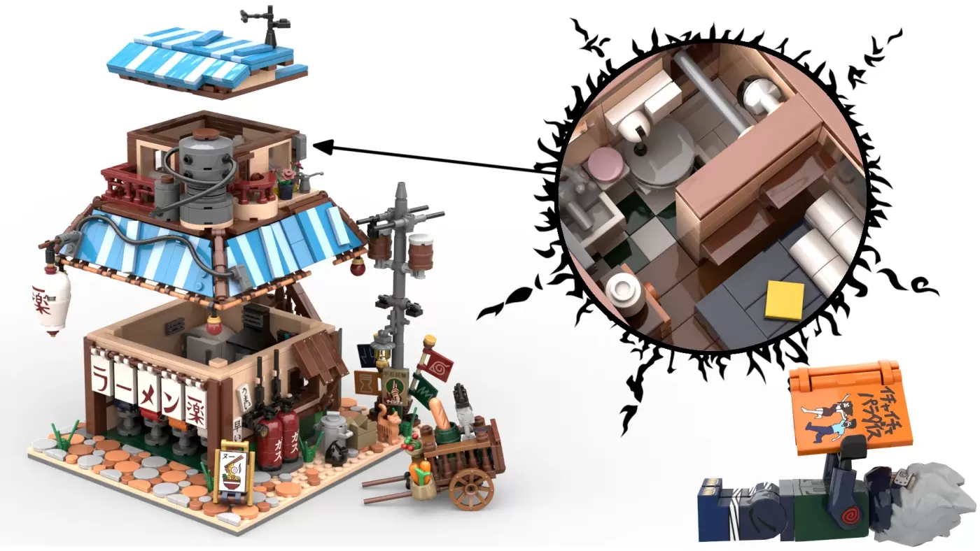 LEGO Ichiraku Ramen Shop set with top-down interior view, minifigures, and accessories from Naruto anime.