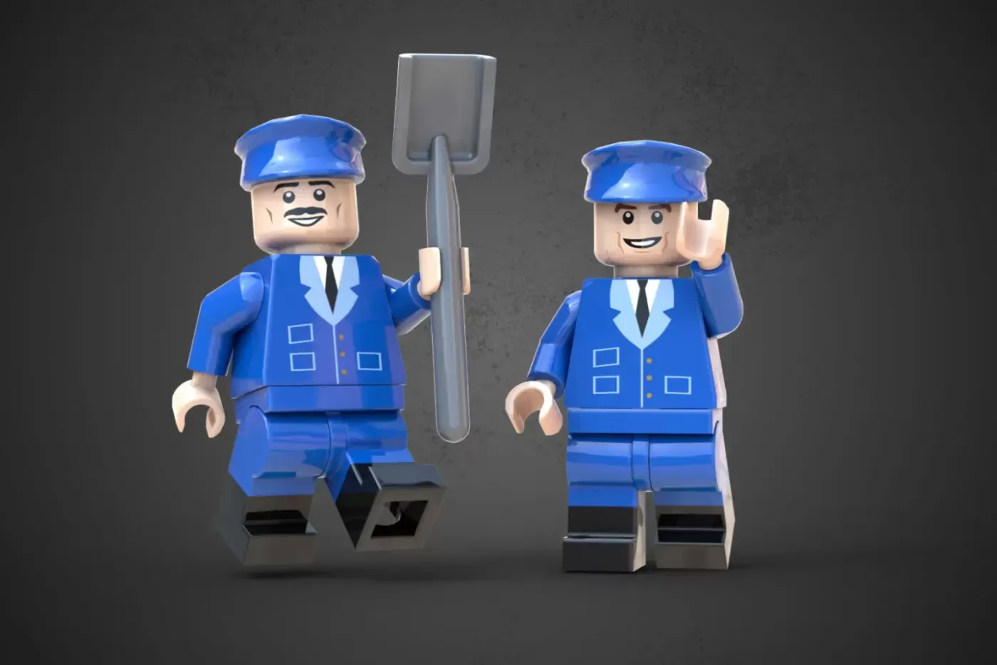 Two LEGO minifigures in blue worker uniforms with caps, one holding a gray shovel, smiling against a dark background.