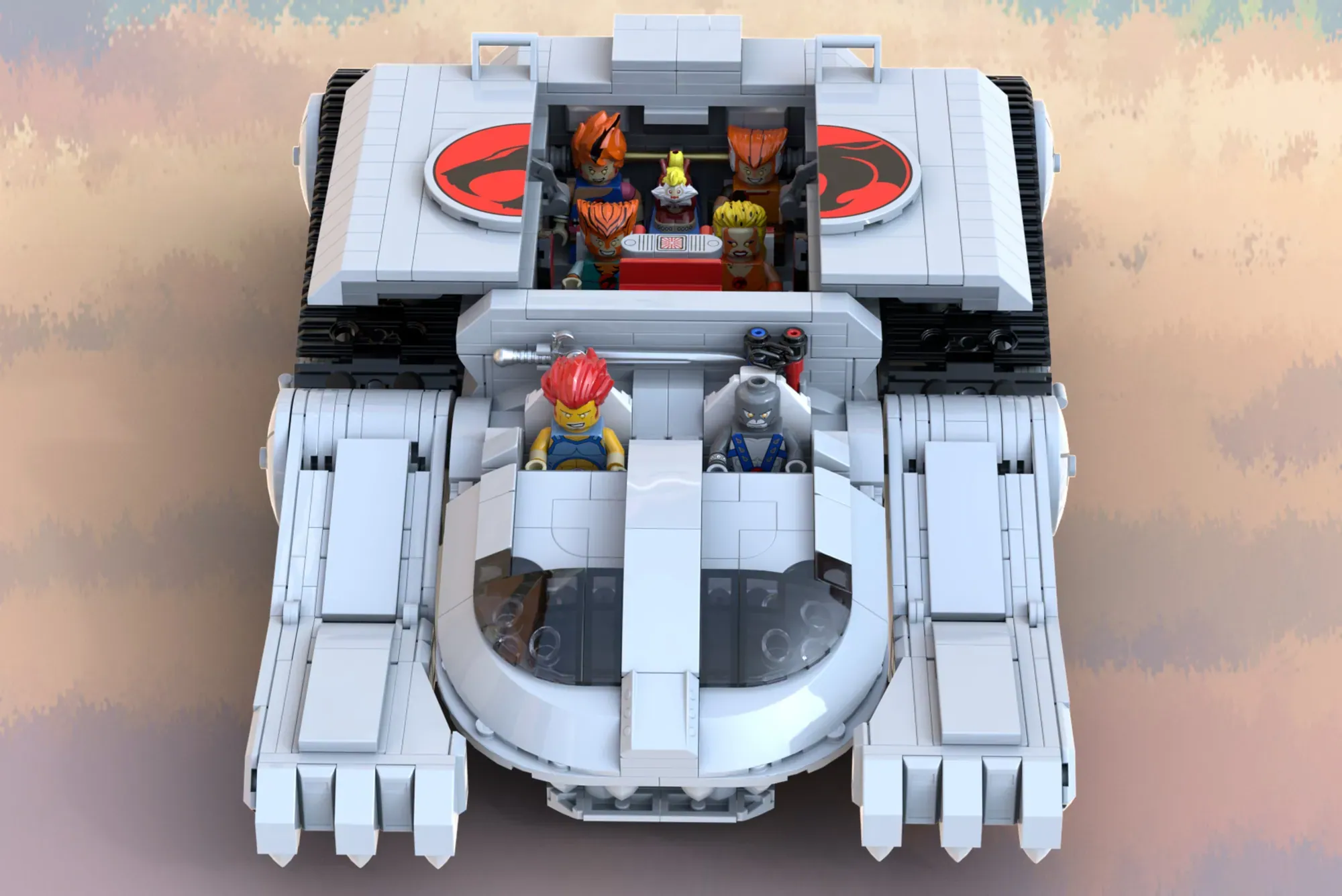LEGO Thundertank model with minifigures in cockpit and command center, featuring red emblems and black treads.