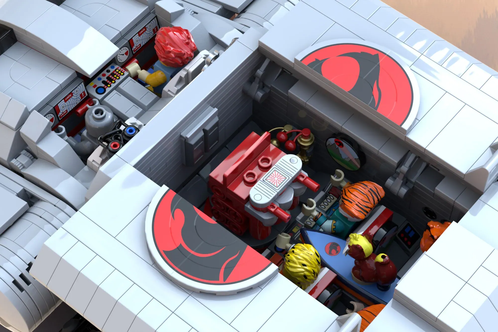 LEGO ThunderCats Thundertank interior with red engine, minifigures, and detailed accessories on display.