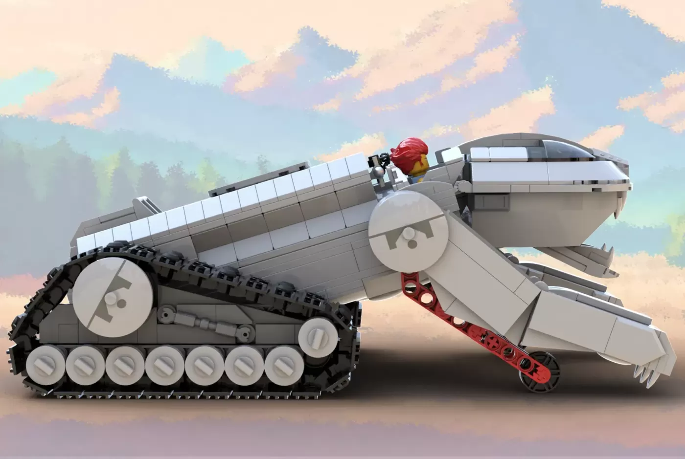 LEGO ThunderCats vehicle with tracked base, spaceship design, red minifigure, and solar panels against sky backdrop.