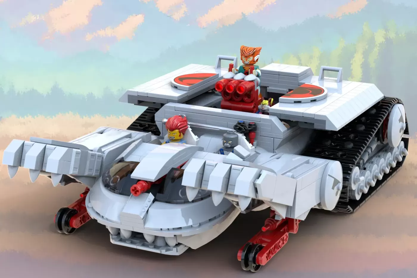 LEGO ThunderCats Tank with red and white armor, featuring minifigure pilot and tiger head design on turret.