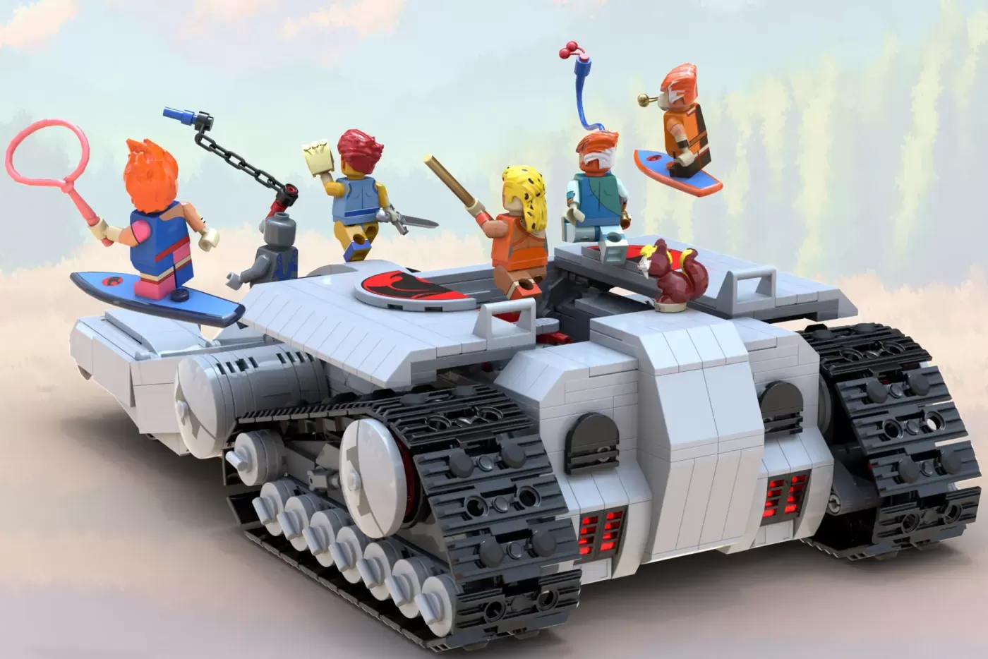LEGO ThunderCats tank vehicle with minifigures holding weapons and accessories on sky background.