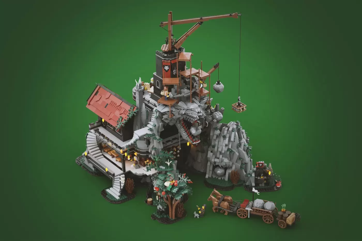 LEGO Wolfpack Fanghold castle with 4,510 pieces built into giant stone wolf sculpture, featuring detailed structures and m…