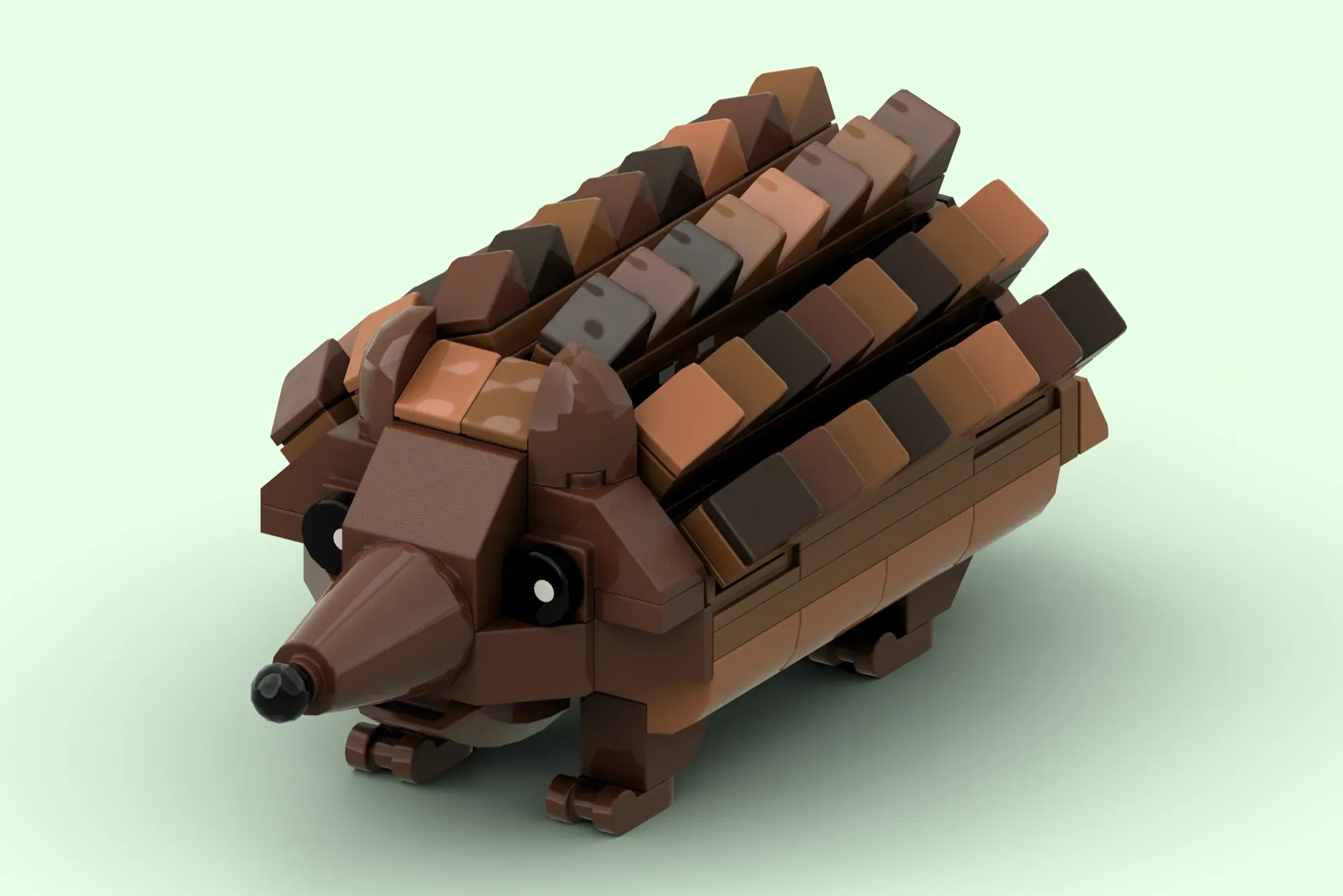 LEGO brick hedgehog build in brown tones with articulated spines and detailed body structure.